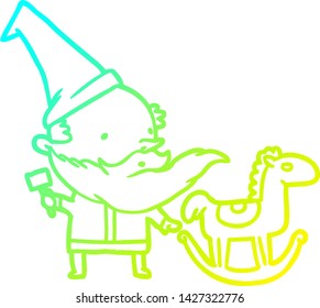 cold gradient line drawing of a santa (or elf) making a rocking horse