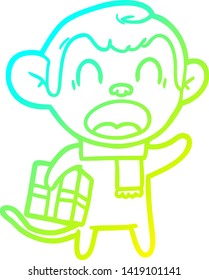 cold gradient line drawing of a shouting cartoon monkey carrying christmas gift