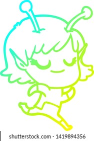cold gradient line drawing of a smiling alien girl cartoon running