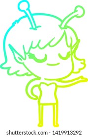 dibujo de una línea de gradiente frío de una caricatura de una chica alienígena sonriente