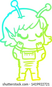 dibujo de una línea de gradiente frío de una caricatura de una chica alienígena sonriente