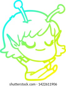 cold gradient line drawing of a smiling alien girl cartoon sitting