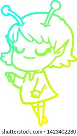 cold gradient line drawing of a smiling alien girl cartoon
