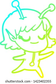 dibujo de una línea de gradiente frío de una caricatura de una chica alienígena sonriente