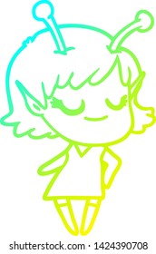 dibujo de una línea de gradiente frío de una caricatura de una chica alienígena sonriente