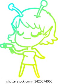dibujo de una línea de gradiente frío de una chica alienígena sonriente caricatura apuntando a una pistola de rayos