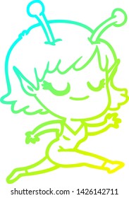 cold gradient line drawing of a smiling alien girl cartoon running