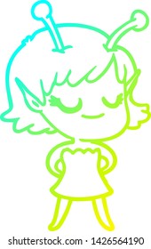 dibujo de una línea de gradiente frío de una caricatura de una chica alienígena sonriente