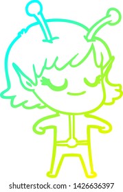 cold gradient line drawing of a smiling alien girl cartoon