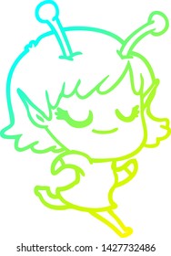 cold gradient line drawing of a smiling alien girl cartoon running