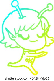 cold gradient line drawing of a smiling alien girl cartoon running