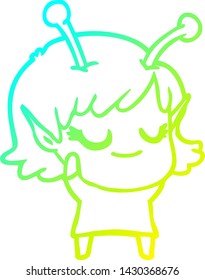 cold gradient line drawing of a smiling alien girl cartoon