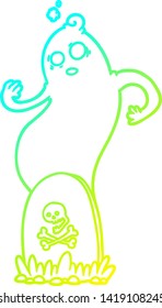 kalte Farbverlauf-Linienzeichnung eines unscharfem Cartoon-Grab mit aufsteigendem Geist