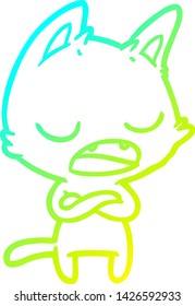 cold gradient line drawing of a talking cat with crossed arms
