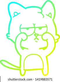 dibujo de línea de gradiente frío de un gato de dibujos animados cansado frotando los ojos