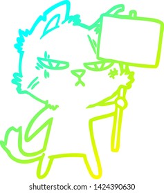 cold gradient line drawing of a tough cartoon cat with protest sign