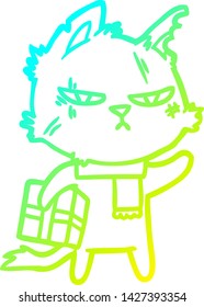 cold gradient line drawing of a tough cartoon cat with christmas present