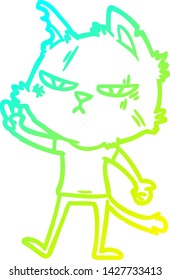 dibujo de línea de gradiente frío de un gato de dibujos animados duros dando señal de victoria