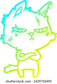 cold gradient line drawing of a tough cartoon cat folding arms