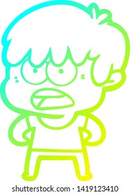 dibujo de línea de degradado frío de un niño de dibujos animados preocupado