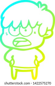 dibujo de línea de degradado frío de un niño de dibujos animados preocupado