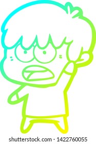 dibujo de línea de degradado frío de un niño de dibujos animados preocupado