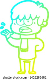 dibujo de línea de degradado frío de un niño de dibujos animados preocupado