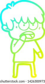 cold gradient line drawing of a worried cartoon boy