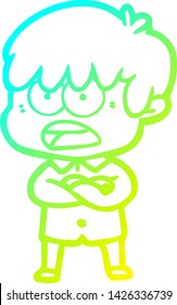 cold gradient line drawing of a worried cartoon boy