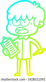 dibujo de línea de degradado frío de un niño de dibujos animados preocupado