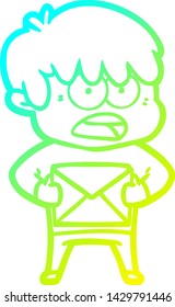 cold gradient line drawing of a worried cartoon boy
