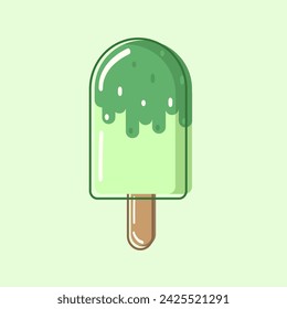 Helado verde frío en un palo con glaseado verde oscuro y espolvoreado con reflejos. Vector, objeto, EPS10.