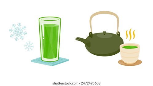 Cold green juice in a glass and hot green juice in a teacup