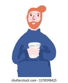 Cold guy is drinking tea hand drawn illustration. Sick man