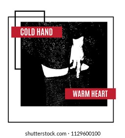Cold hand warm heart. Quote typographical background. Vector hand drawn illustration of girl showing middle finger. Template for card, poster. banner, print for t-shirt, pin, badge, patch.