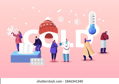 Cold, Health Care Concept. Characters Patients Visiting Clinic or Hospital for Doctor Appointment. Sick People Getting Treatment with Medicine Poster Banner Flyer. Cartoon Vector Illustration