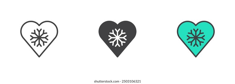 Cold heart different style icon set. Line, glyph and filled outline colorful version, outline and filled vector sign. Heart with snowflake symbol, logo illustration. Vector graphics