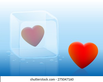 Cold heart inside an ice cube and warm heart outside. Vector illustration on blue gradient background.