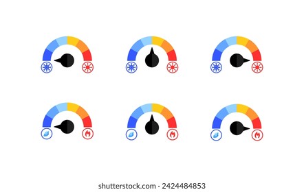 Iconos de indicador de frío y calor. Plano, color, juego de velocímetros, indicadores de temperatura iconos. Iconos vectoriales