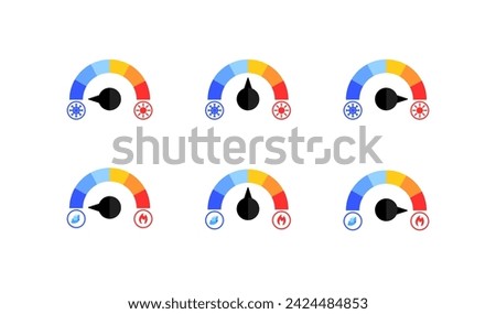 Cold and heat indicator icons. Flat, color, set of speedometers, temperature indicators icons. Vector icons