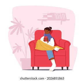 Cold at Home Concept. Freezing Female Character Wrapped in Warm Plaid and Winter Clothes Sitting in Armchair with Hot Drink. Low Degrees Temperature, Cold Weather Freeze. Cartoon Vector Illustration