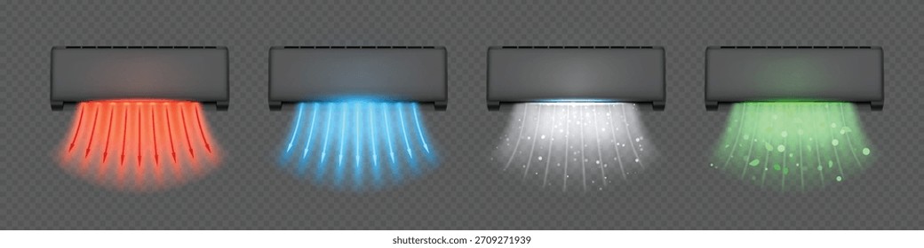 Flujos de aire frío y caliente con flechas azules y rojas brillantes del aire acondicionado negro. Aparato Electrónica para controlar la temperatura y el clima en la habitación. Conjunto de Vector de corrientes verdes y blancas