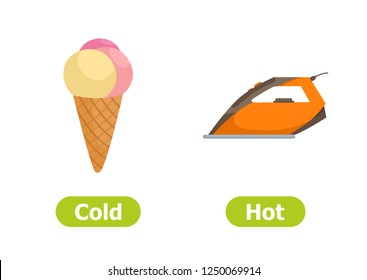 COLD and HOT antonyms flashcard vector template. Opposites concept. Word card for english language learning. Cold ice cream and hot iron.