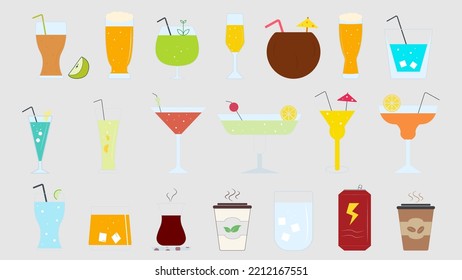 Iconos de bebidas frías y calientes. Conjunto de bebidas con diseño plano. Paquete vectorial de cóctel.