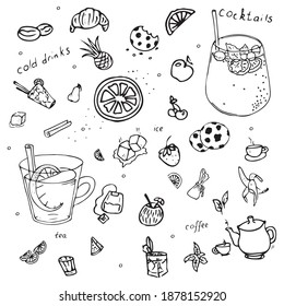 cold and hot drinks, fruit cocktails. black doodles on a white background.