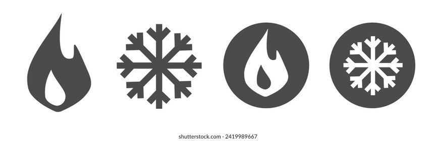Cold hot icon simple graphic pictogram vector set, snowflake fire heat freeze button symbols black white monochrome minimal sign, summer winter temperature mode logo label image clipart