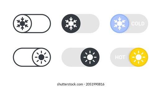 Cold or Hot Mode. On and Off toggle switch buttons. Toggle Element for Mobile App, Web Design, Animation. Vector illustration