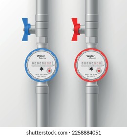 Cold and hot water counter vertical meter pipe control realistic vector illustration. Mechanical bathroom plumbing measurement system gauge consumption device blue and red display household supply