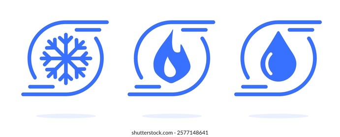 Cold hot wet air circulation pump icon vector simple graphic set, cooling or fire heating stove oven sign symbol pictogram, water recirculation system ui interface logo line stroke outline image
