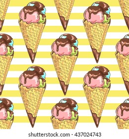 cold ice cream with chocolate, in waffle cones on yellow background; Sweet summer print for notebook cover, posters, postcards, banners; cute hand drawn vector seamless pattern in sketch style